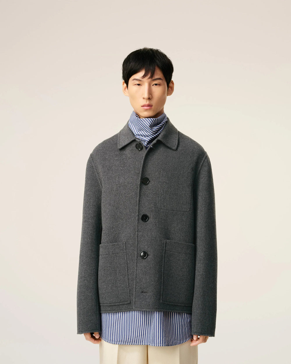 AMI - Blouson Gris Boule Boutonné en Laine Gris Chiné - Lothaire