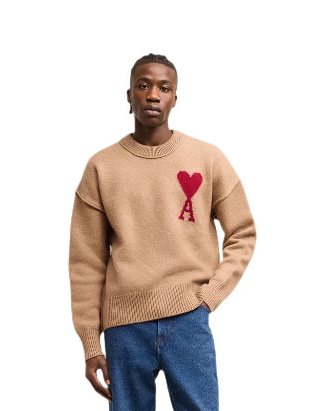 Ami Paris - Pull Ami de Coeur mérinos camel/rouge - Lothaire