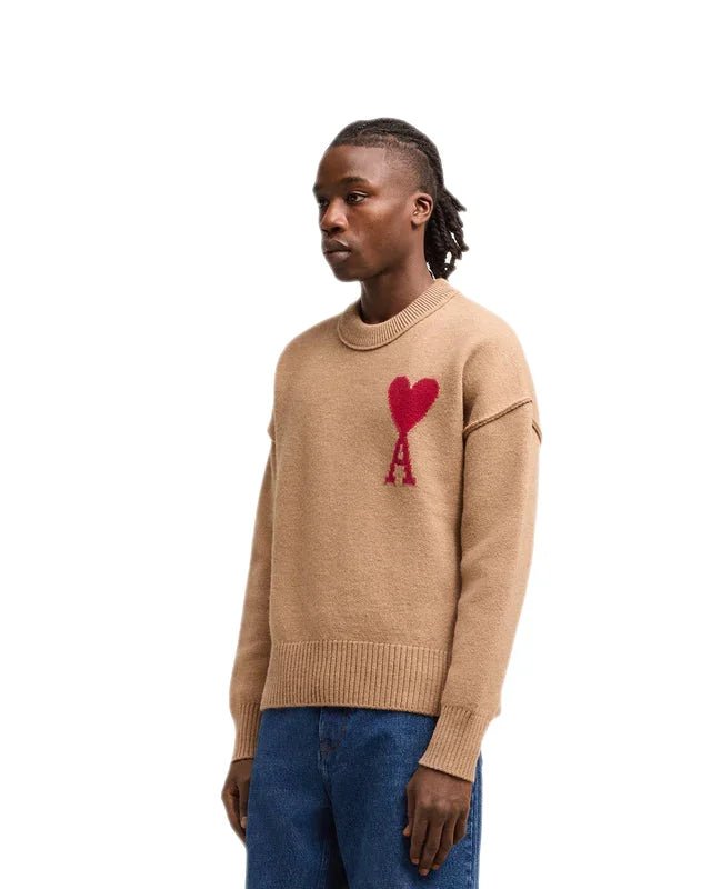 Ami Paris - Pull Ami de Coeur mérinos camel/rouge - Lothaire
