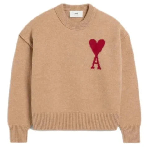 Ami Paris - Pull Ami de Coeur mérinos camel/rouge - Lothaire
