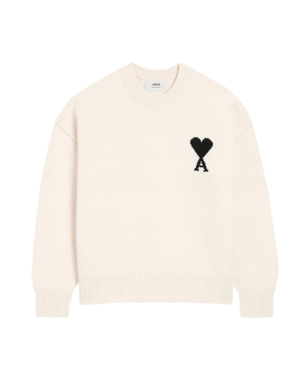 AMI - Pull blanc col rond ami de cœur en laine écru/noir - Lothaire