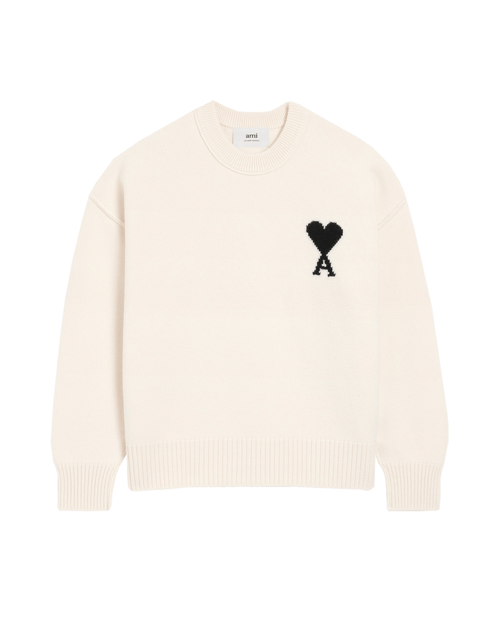AMI - Pull blanc col rond ami de cœur en laine écru/noir - Lothaire