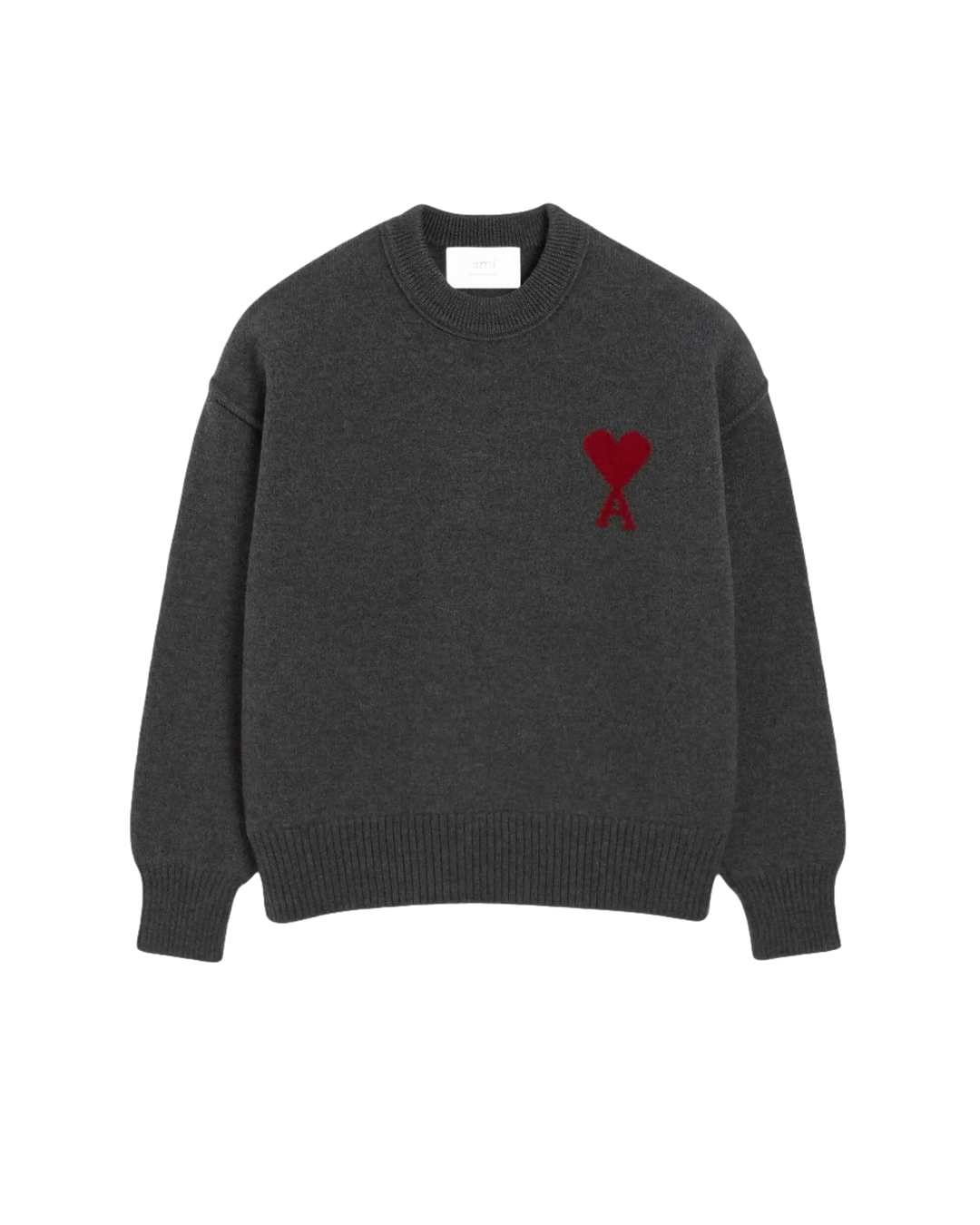 AMI - Pull Gris Col Rond Ami De Cœur En Laine Gris Chiné/Rouge - Lothaire