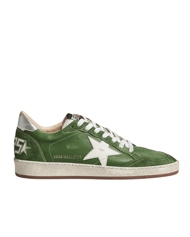 GOLDEN GOOSE - Ball Star pour homme en daim vert avec étoile blanche et contrefort en cuir argenté - Lothaire