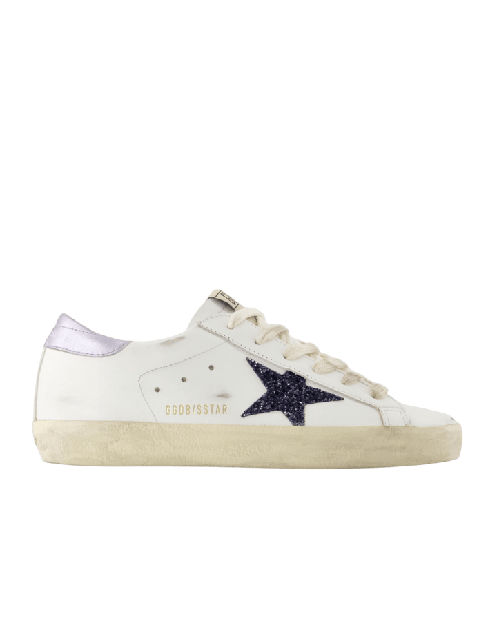 GOLDEN GOOSE - Super - Star pour femme en cuir nappa avec étoie à paillettes noires et contrefort glycine - Lothaire