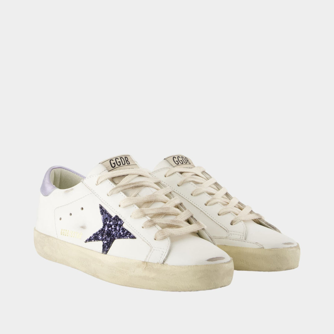 GOLDEN GOOSE - Super - Star pour femme en cuir nappa avec étoie à paillettes noires et contrefort glycine - Lothaire