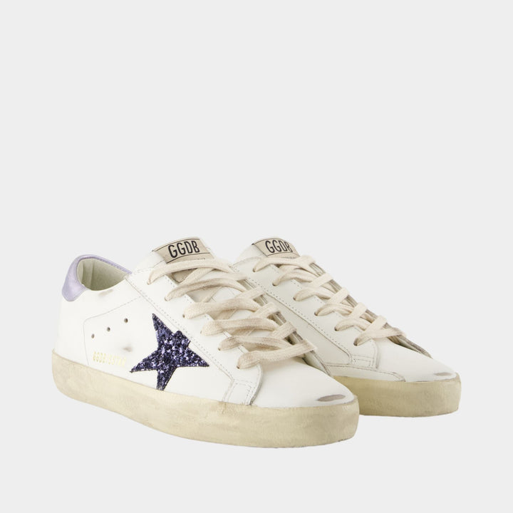 GOLDEN GOOSE - Super - Star pour femme en cuir nappa avec étoie à paillettes noires et contrefort glycine - Lothaire