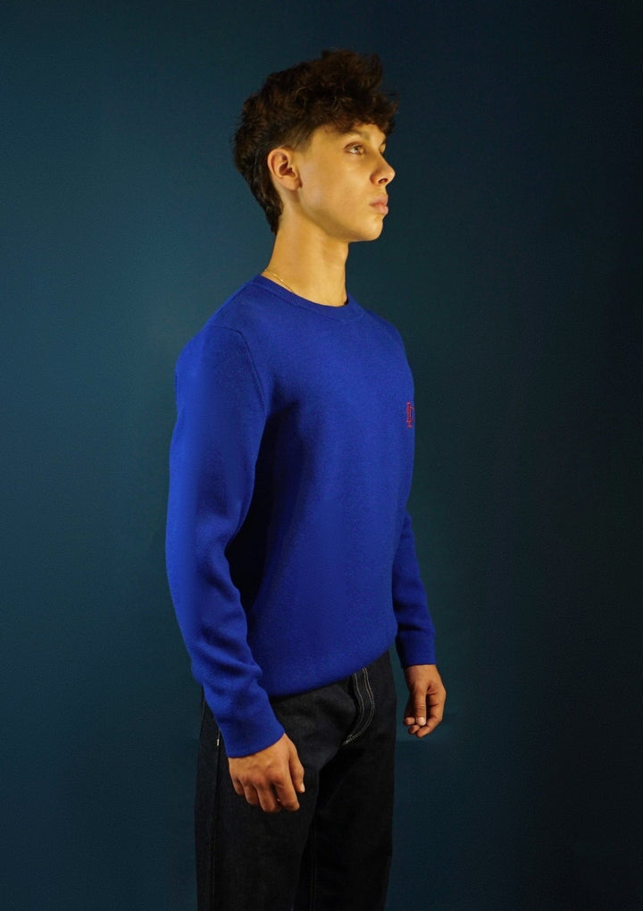 LOTHAIRE - Pull mérinos brodé col rond bleu Klein - Lothaire