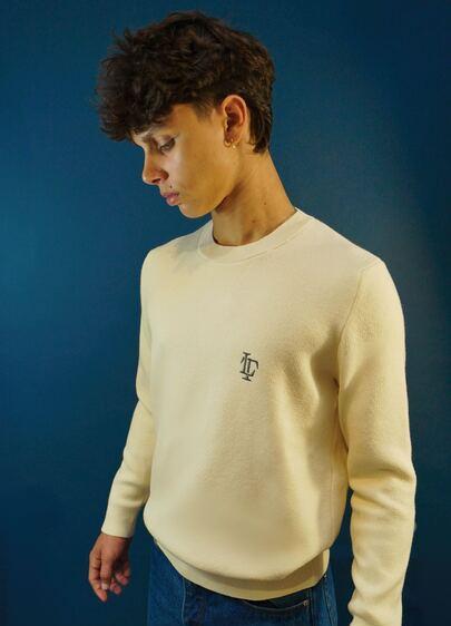 LOTHAIRE - Pull mérinos brodé col rond écru - Lothaire