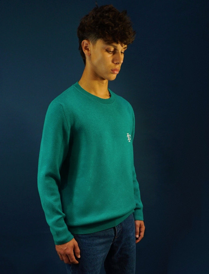 LOTHAIRE - Pull mérinos brodé col rond vert - Lothaire