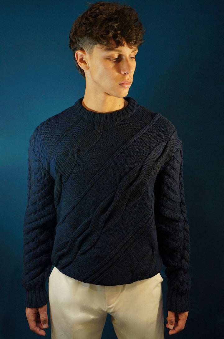 LOTHAIRE - Pull mérinos torsadé bleu nuit - Lothaire