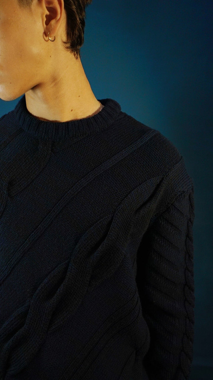 LOTHAIRE - Pull mérinos torsadé bleu nuit - Lothaire