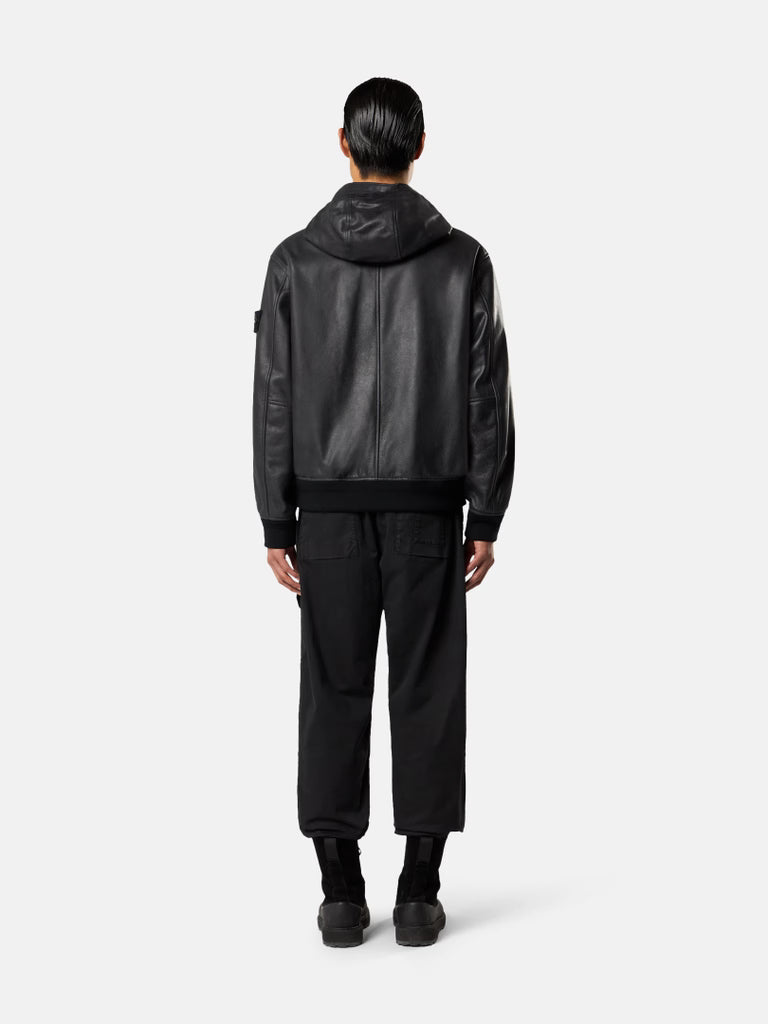 STONE ISLAND - Veste en cuir à capuche noir