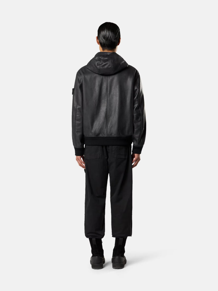STONE ISLAND - Veste en cuir à capuche noir