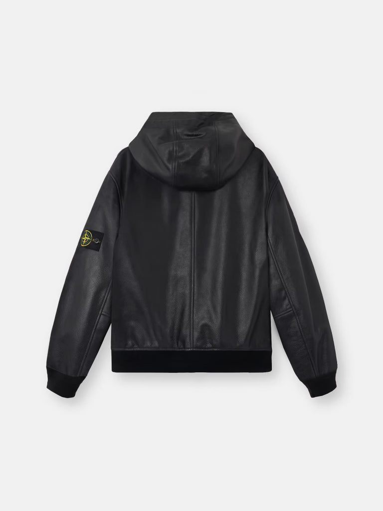STONE ISLAND - Veste en cuir à capuche noir