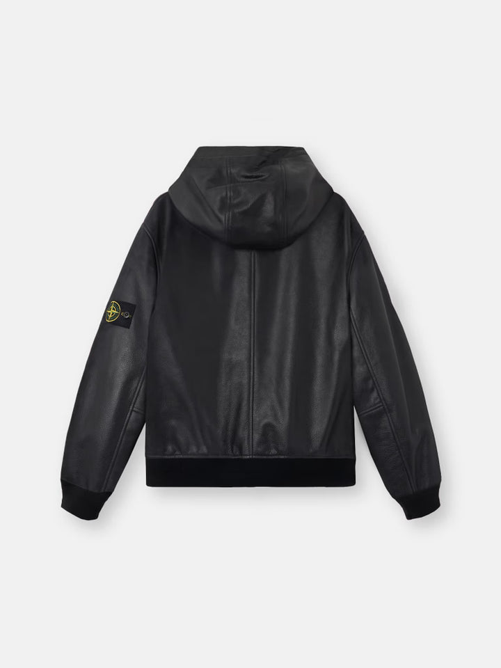 STONE ISLAND - Veste en cuir à capuche noir