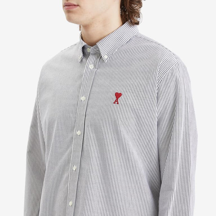 AMI PARIS – Chemise Oxford rayée Ami de Cœur Noir / Blanc naturel