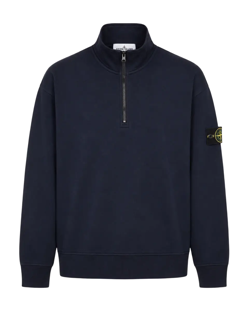 STONE ISLAND - Sweat-shirt demi-zippé en coton biologique brossé Bleu marine