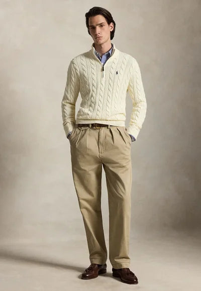 POLO RALPH LAUREN - Pull torsadé col camionneur zippé en coton Crème