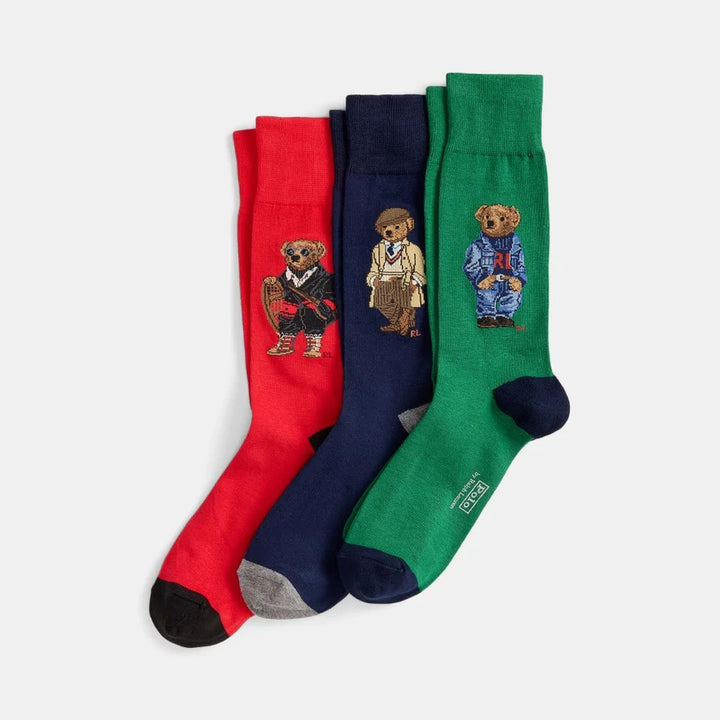POLO RALPH LAUREN - Coffret de 3 paires de chaussettes Polo Bear Vert / Bleu marine / Rouge