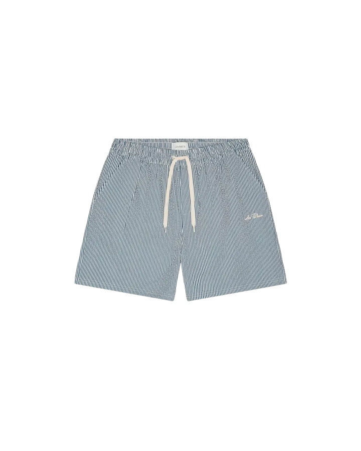 LES DEUX – Short de bain Seersucker Bleu denim foncé