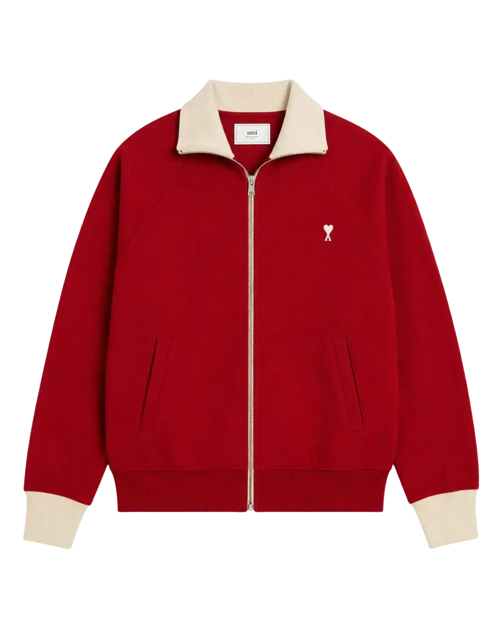 AMI PARIS - Sweatshirt zippé Ami de Cœur en coton Rouge rubis / Ivoire