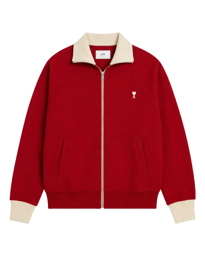 AMI PARIS - Sweatshirt zippé Ami de Cœur en coton Rouge rubis / Ivoire