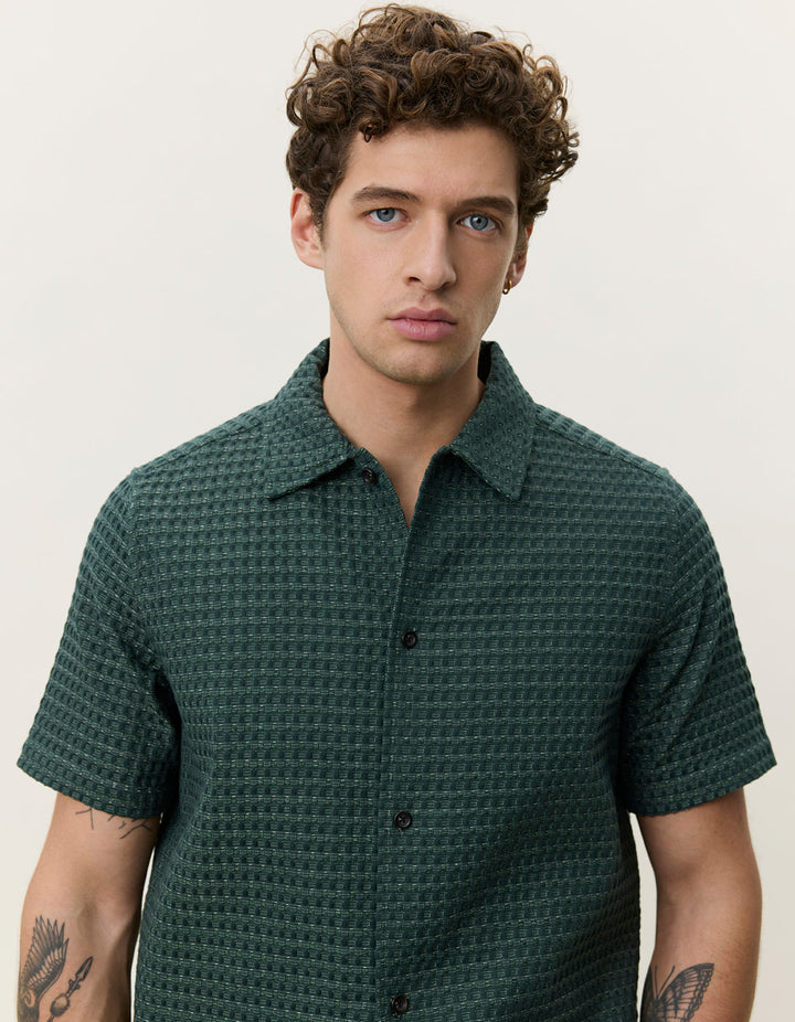 LES DEUX – Chemise Seersucker à carreaux Vert sapin