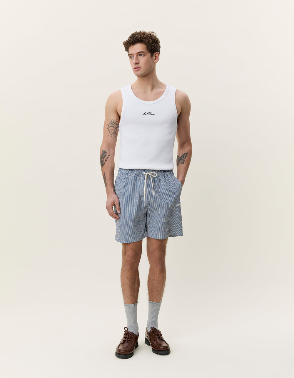 LES DEUX – Short de bain Seersucker Bleu denim foncé