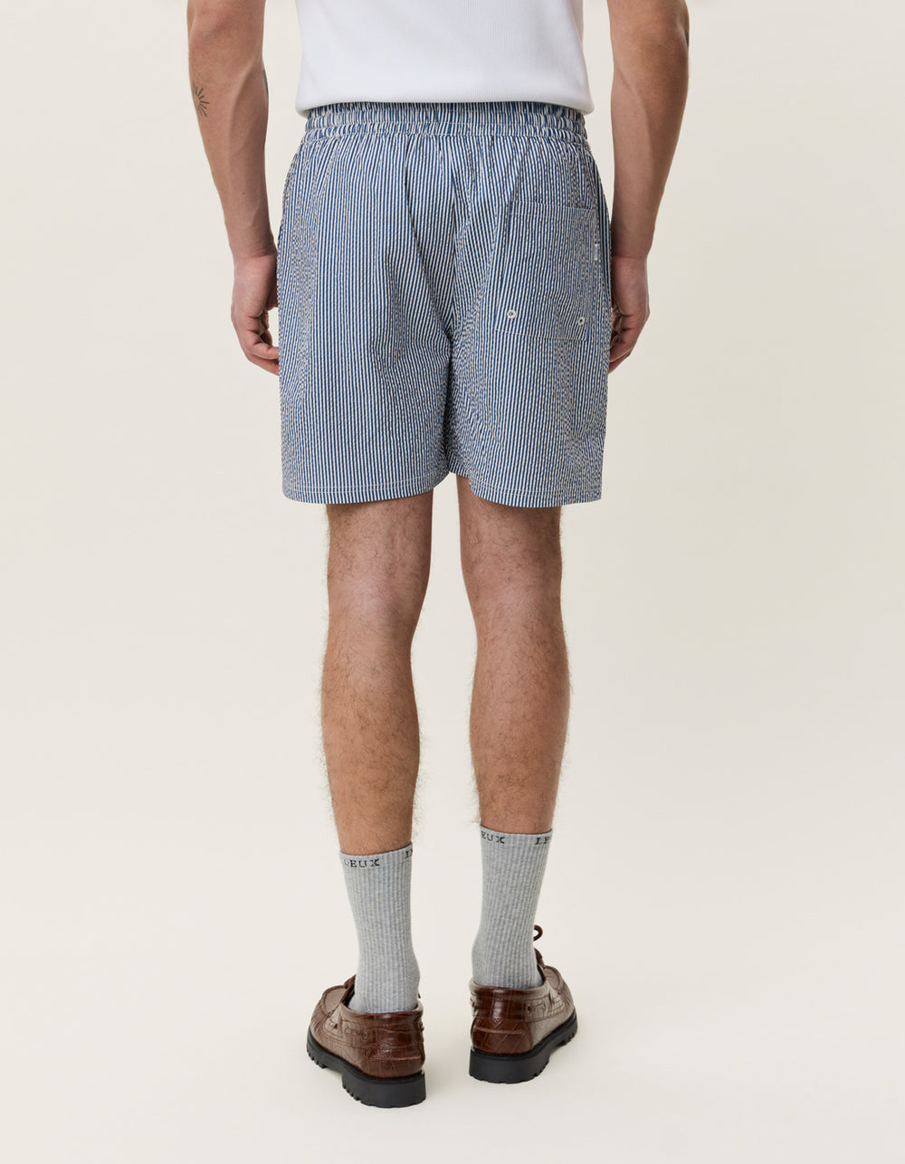 LES DEUX – Short de bain Seersucker Bleu denim foncé
