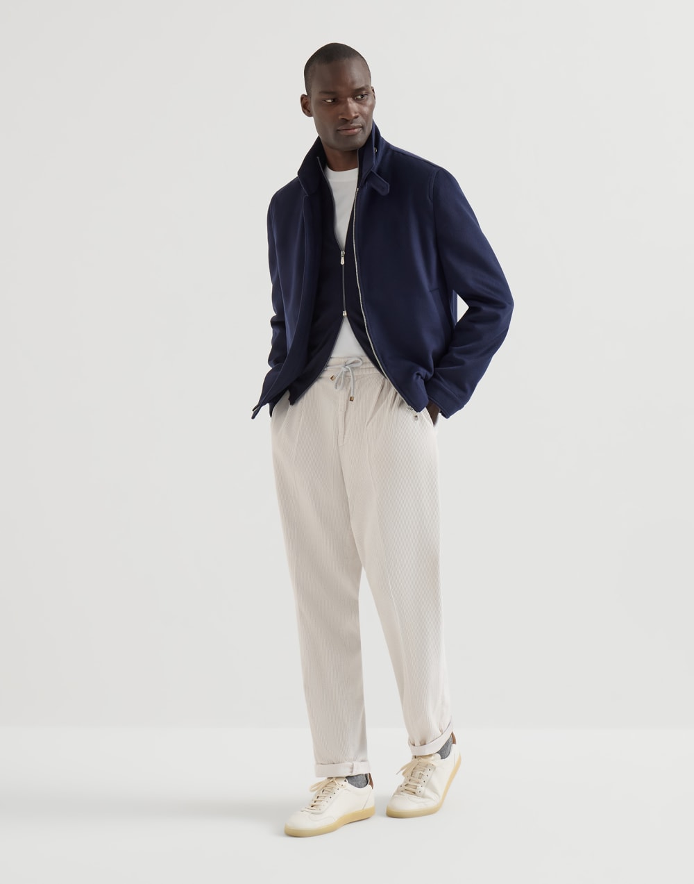 BRUNELLO CUCINELLI - Cardigan Zippé Cachemire & Soie Bleu Marine