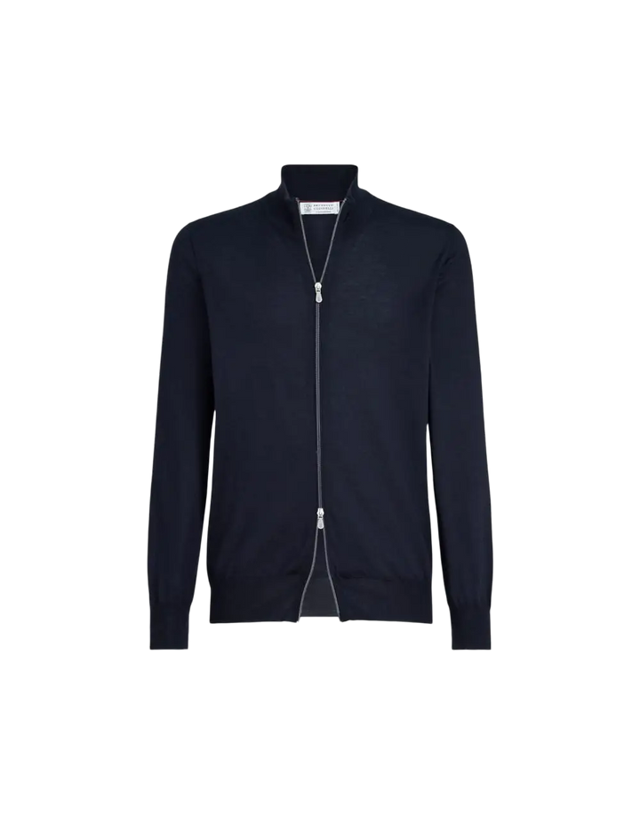 BRUNELLO CUCINELLI - Cardigan Zippé Cachemire & Soie Bleu Marine