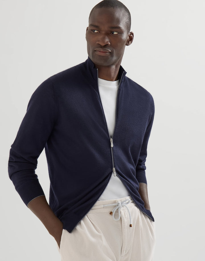 BRUNELLO CUCINELLI - Cardigan Zippé Cachemire & Soie Bleu Marine