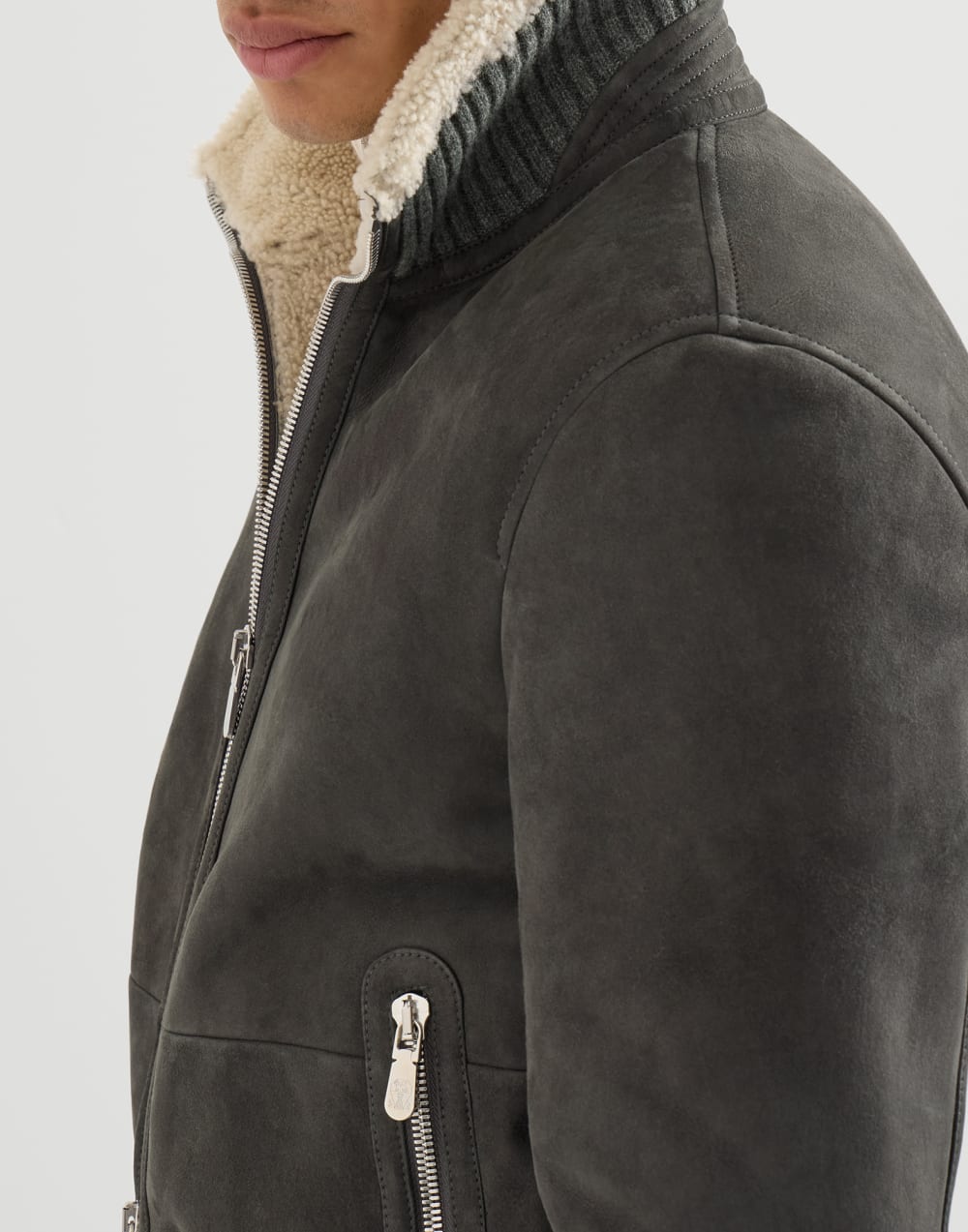 BRUNELLO CUCINELLI - Bomber en peau de mouton Curly suédée Gris