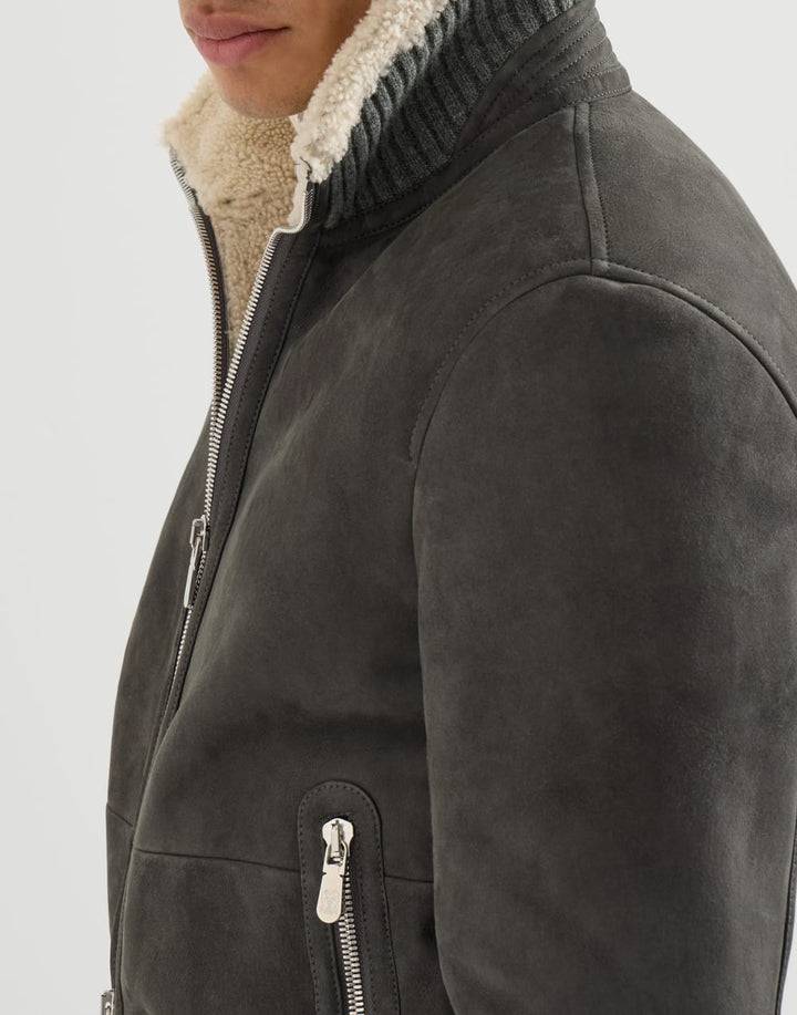 BRUNELLO CUCINELLI - Bomber en peau de mouton Curly suédée Gris