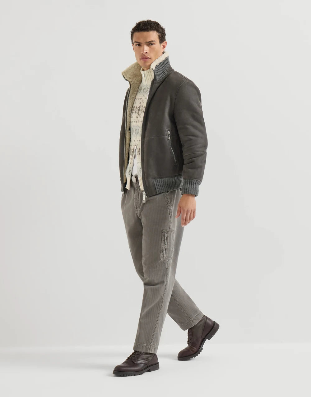 BRUNELLO CUCINELLI - Bomber en peau de mouton Curly suédée Gris