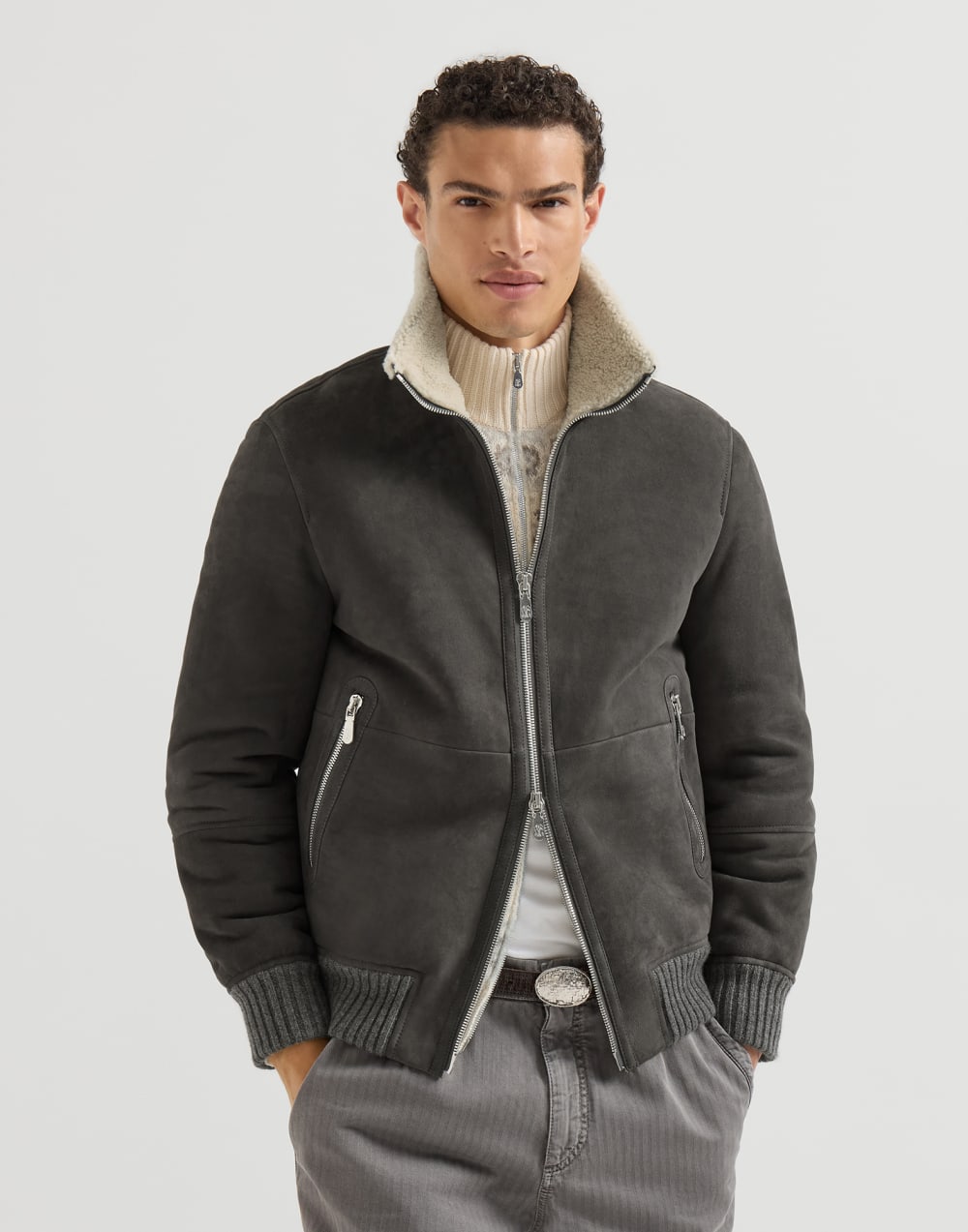BRUNELLO CUCINELLI - Bomber en peau de mouton Curly suédée Gris