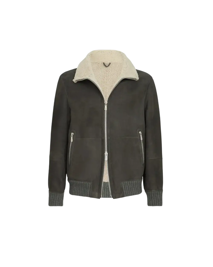 BRUNELLO CUCINELLI - Bomber en peau de mouton Curly suédée Gris