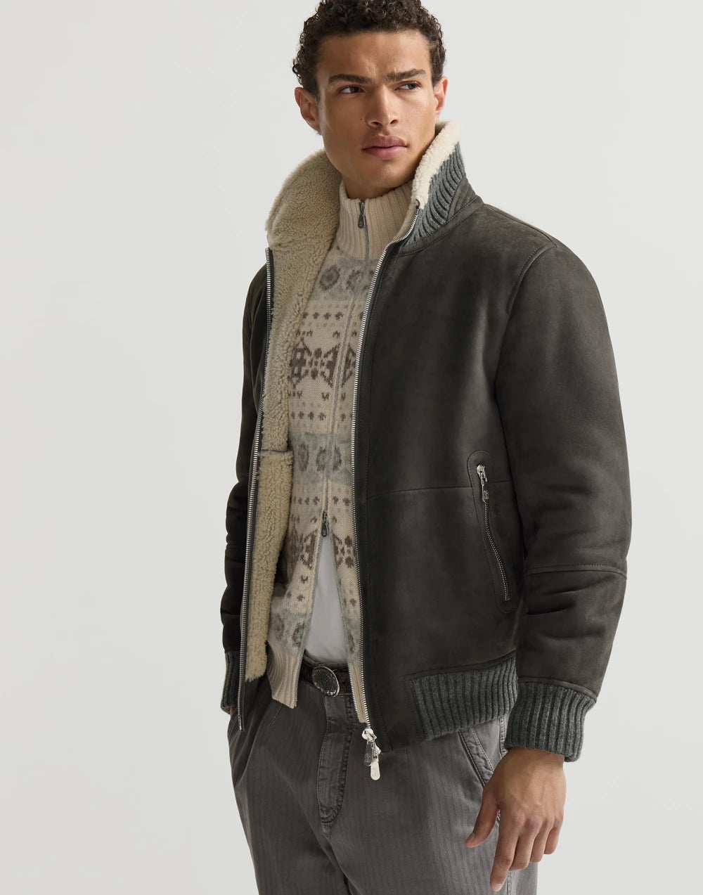 BRUNELLO CUCINELLI - Bomber en peau de mouton Curly suédée Gris