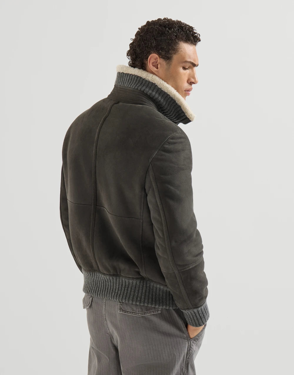 BRUNELLO CUCINELLI - Bomber en peau de mouton Curly suédée Gris