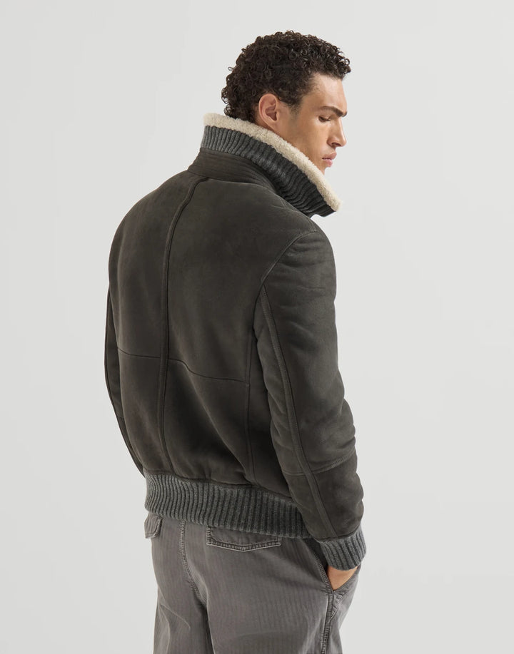 BRUNELLO CUCINELLI - Bomber en peau de mouton Curly suédée Gris