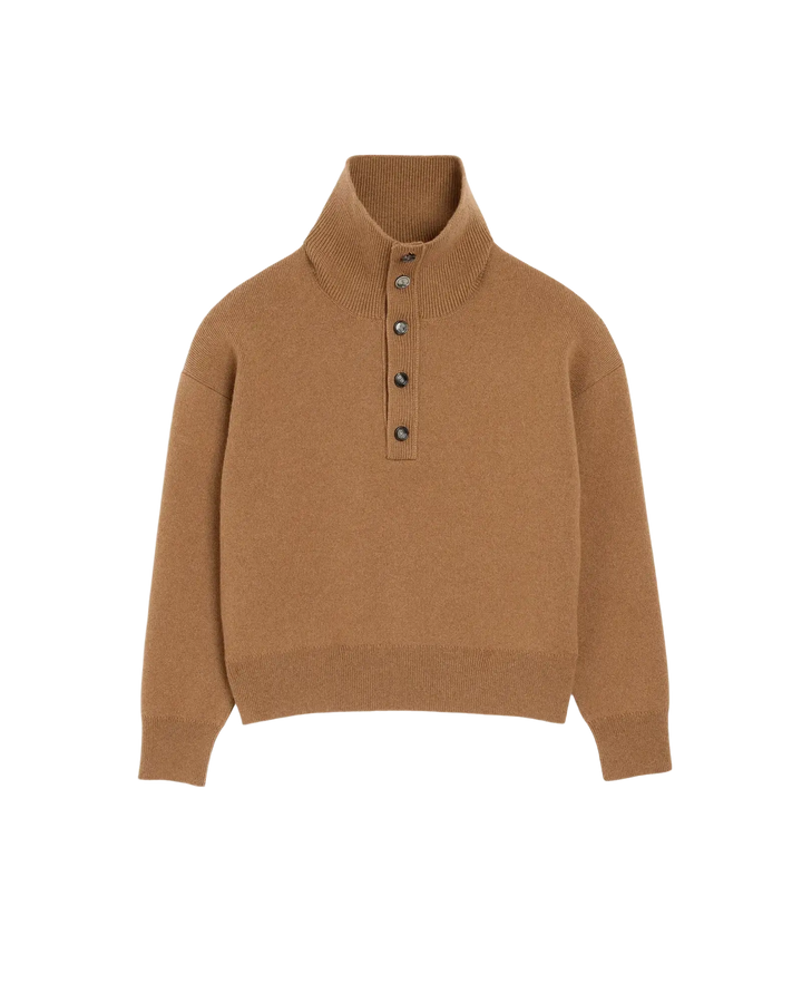 AMI PARIS - Pull col montant boutonné en laine Camel