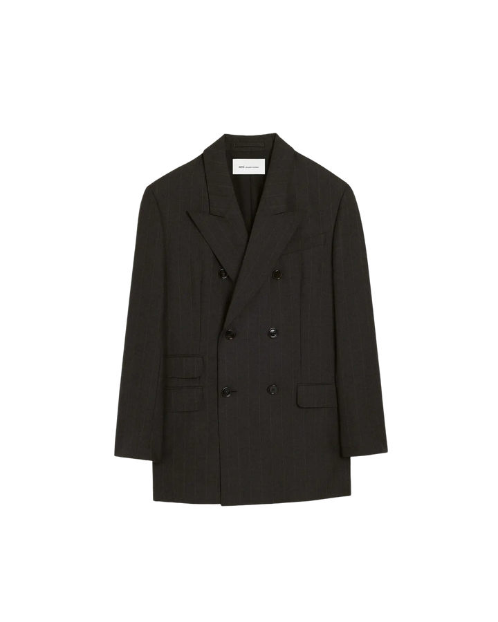 AMI PARIS - Veste rayée double boutonnage en laine Gris carbone / Marron chocolat