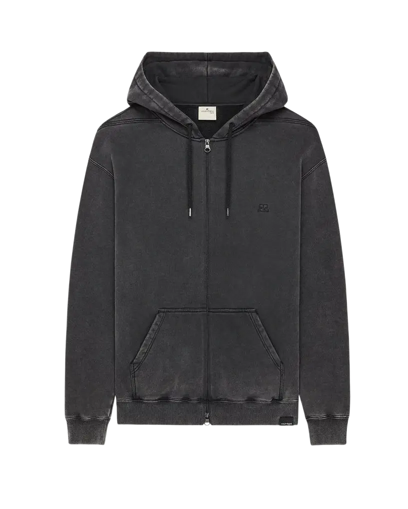 COURRÈGES – Sweat à capuche stonewash zippé Gris délavé / Noir