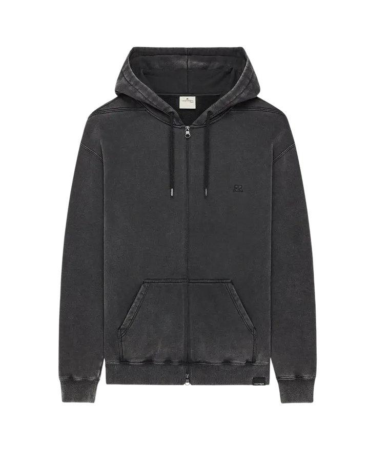 COURRÈGES – Sweat à capuche stonewash zippé Gris délavé / Noir