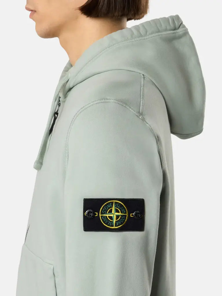 STONE ISLAND - Sweat à Capuche Zippé en Coton Bio Vert Océan