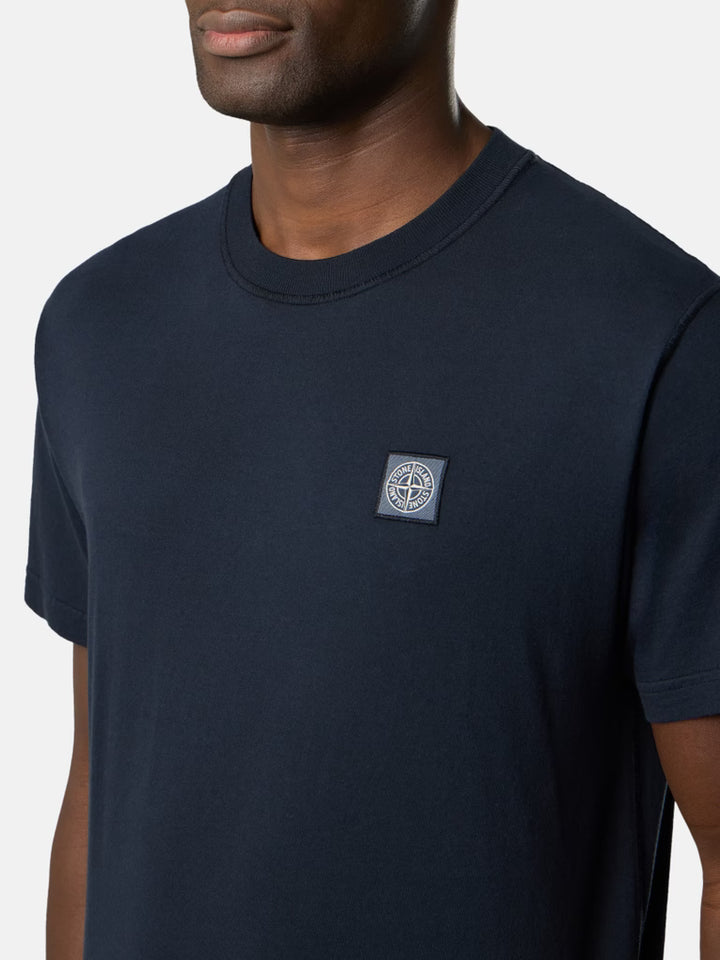 STONE ISLAND - T-shirt Slim en Coton Bio Effet Fissato Bleu Marine