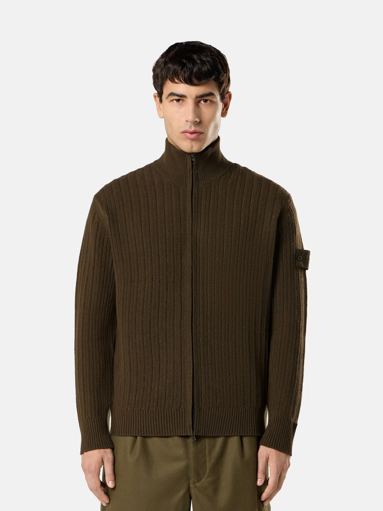 STONE ISLAND - Pull zippé Wool Cashmere S.I. Ghost Vert militaire