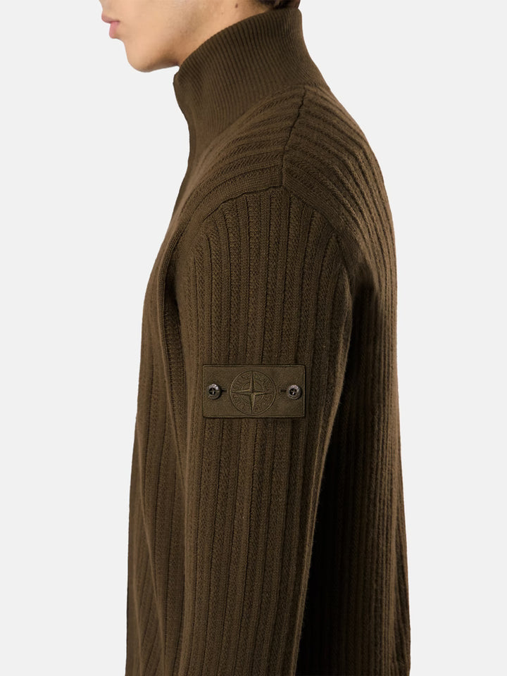 STONE ISLAND - Pull zippé Wool Cashmere S.I. Ghost Vert militaire