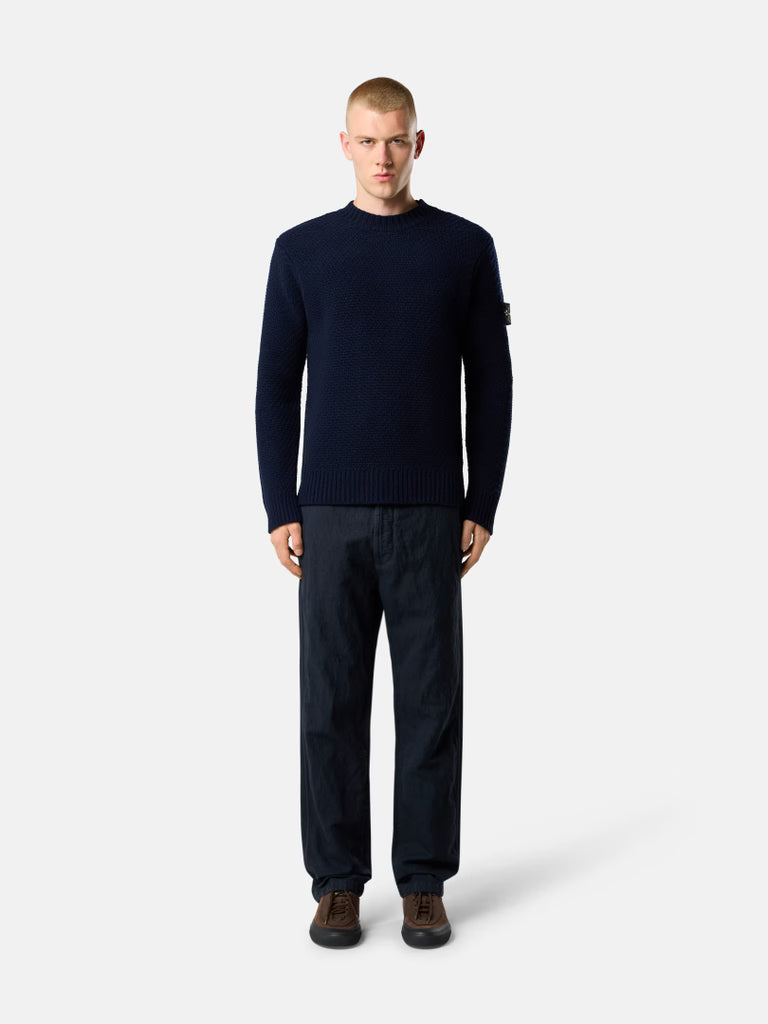 STONE ISLAND - Pull en Laine d'Agneau à Maille Texturée Bleu Marine